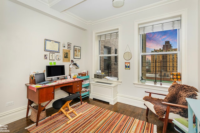 165 W 91st St Unit 11E, New York City, NY 10025 - office space with crown molding, dark wood-type flooring, baseboards, and healthy amount of natural light