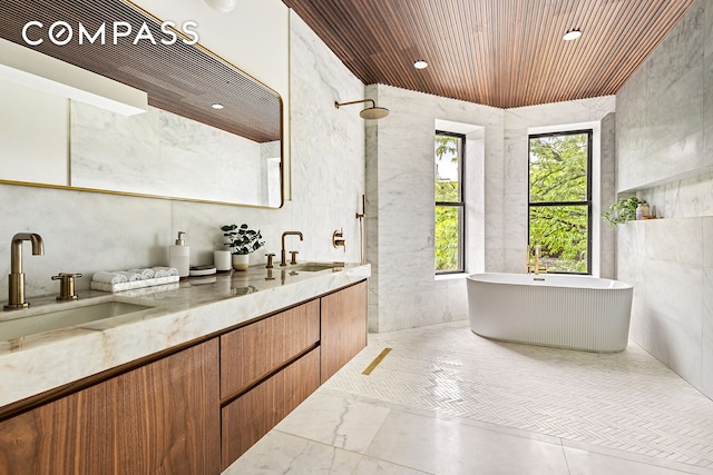 370 Hancock St, New York City, NY 11216 - full bathroom with a soaking tub, double vanity, tile walls, a shower, and wood ceiling