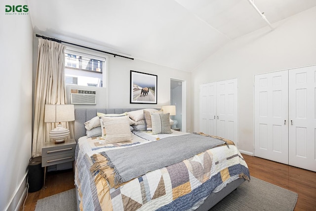 bedroom with multiple closets, vaulted ceiling, wood finished floors, and baseboards