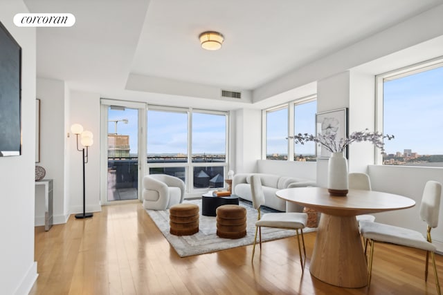 living room with light wood-type flooring, baseboards, a raised ceiling, and a city view