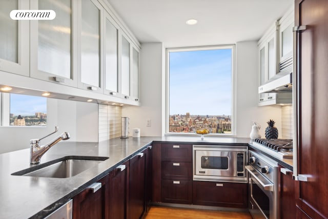 2628 Broadway Unit 34A, New York City, NY 10025 - kitchen featuring appliances with stainless steel finishes, a sink, dark stone counters, a view of city, and glass insert cabinets