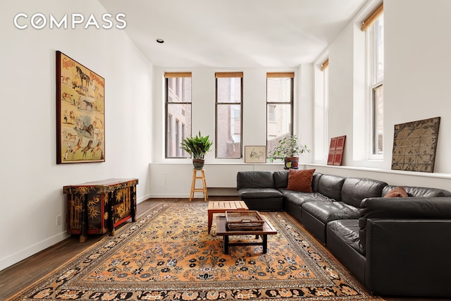 living room with wood finished floors and baseboards