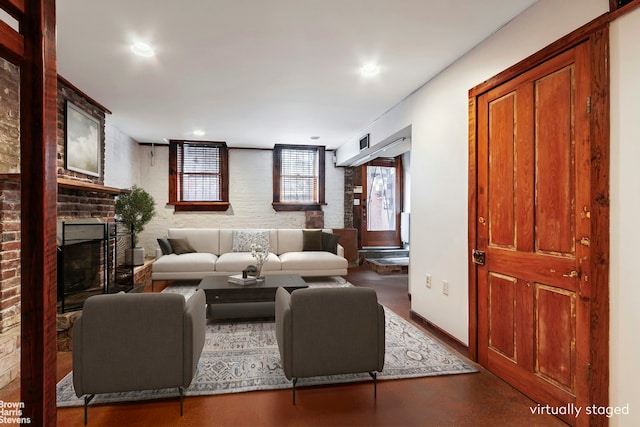 301 Water St, New York City, NY 11201 - living room with a brick fireplace and recessed lighting