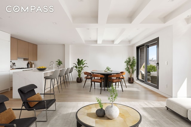 96 N 1st St Unit 3A, New York City, NY 11249 - living room featuring light wood-type flooring, coffered ceiling, and beamed ceiling