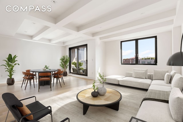 96 N 1st St Unit 3A, New York City, NY 11249 - living room with beamed ceiling, light wood-style flooring, and coffered ceiling