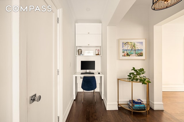 315 E 80th St Unit 2J, New York City, NY 10075 - hallway with dark wood finished floors, an office area, and baseboards