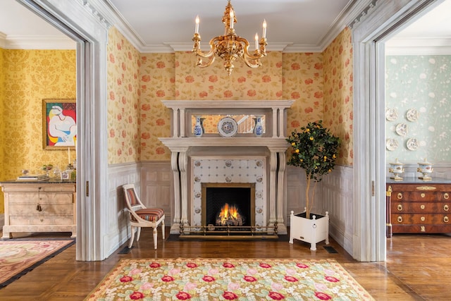 330 Convent Ave, New York City, NY 10031 - living area featuring wallpapered walls, a chandelier, a tile fireplace, ornamental molding, and a wainscoted wall