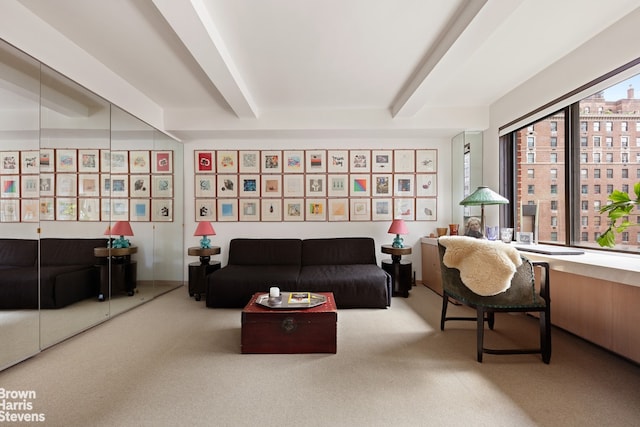 sitting room featuring carpet flooring and beam ceiling