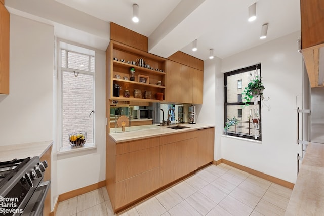 750 Park Ave Unit 9Cd, New York City, NY 10021 - kitchen featuring a sink, open shelves, light countertops, baseboards, and stainless steel gas stove
