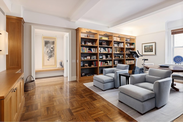 90 Riverside Dr Unit 14A, New York City, NY 10024 - living area with beamed ceiling and baseboards