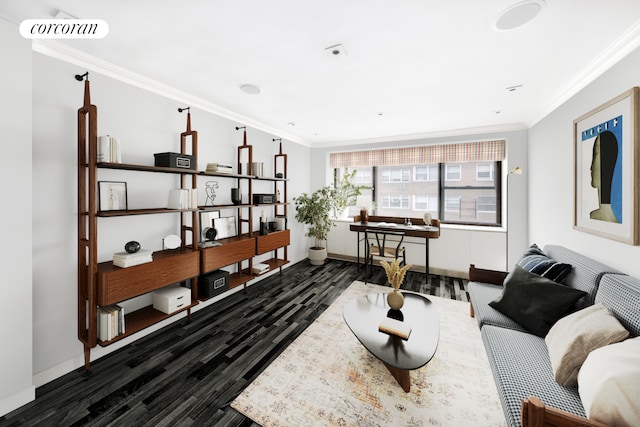 233 E 69th St Unit 14Klm, New York City, NY 10021 - living area with dark wood-type flooring, ornamental molding, and baseboards