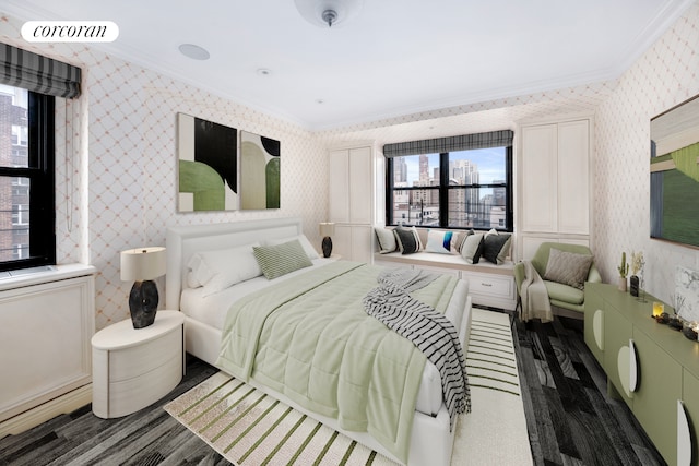 233 E 69th St Unit 14Klm, New York City, NY 10021 - bedroom with wood finished floors, crown molding, and wallpapered walls