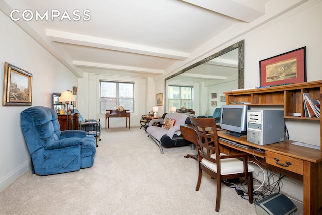 12 W 96th St Unit 9A, New York City, NY 10025 - office featuring beamed ceiling, light colored carpet, and baseboards