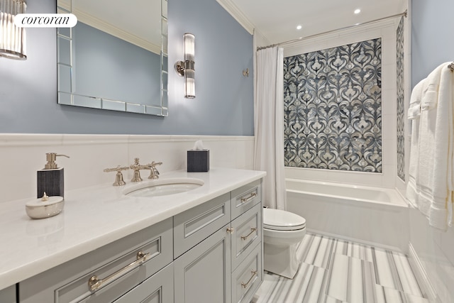169 E 71st St, New York City, NY 10021 - bathroom with vanity, toilet, shower / tub combo, and crown molding