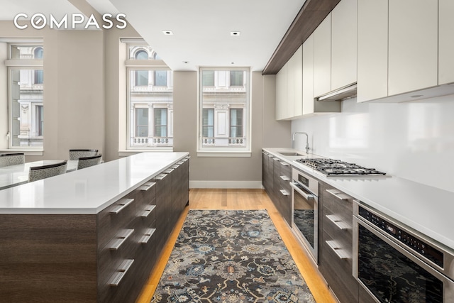 101 Leonard St Unit 2E, New York City, NY 10013 - kitchen featuring appliances with stainless steel finishes, modern cabinets, light countertops, a center island, and dark brown cabinetry