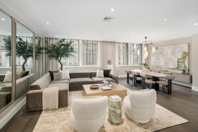 2112 Broadway Unit 7/8Bt, New York City, NY 10023 - living area with dark wood-style flooring, baseboards, plenty of natural light, a chandelier, and recessed lighting