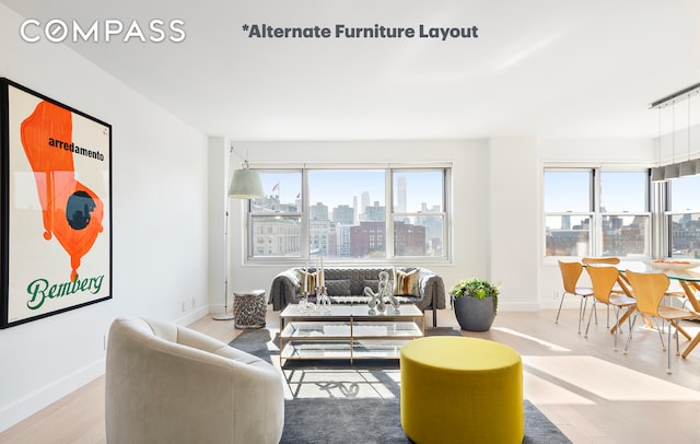 living area featuring baseboards, wood finished floors, and a view of skyline