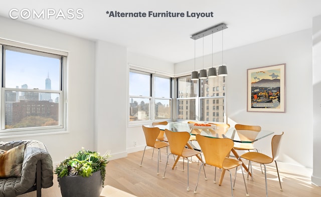 dining space with wood finished floors, baseboards, and a view of city