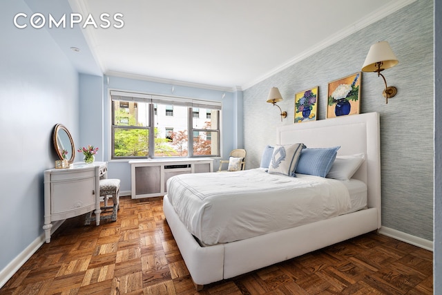 bedroom featuring baseboards, ornamental molding, and wallpapered walls