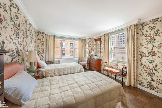 137 E 36th St Unit 7K, New York City, NY 10016 - bedroom with crown molding and wallpapered walls