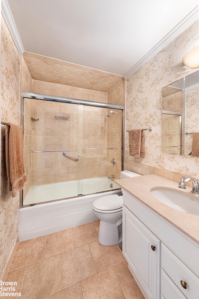 137 E 36th St Unit 7K, New York City, NY 10016 - bathroom with vanity, enclosed tub / shower combo, wallpapered walls, and tile patterned floors