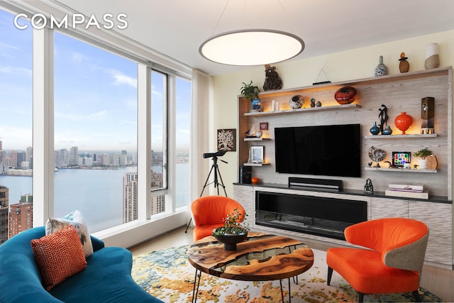 living area with a water view and wood finished floors