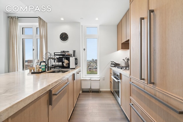 kitchen featuring appliances with stainless steel finishes, hardwood / wood-style floors, light brown cabinetry, healthy amount of natural light, and recessed lighting
