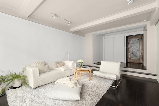 living area with wood finished floors and rail lighting