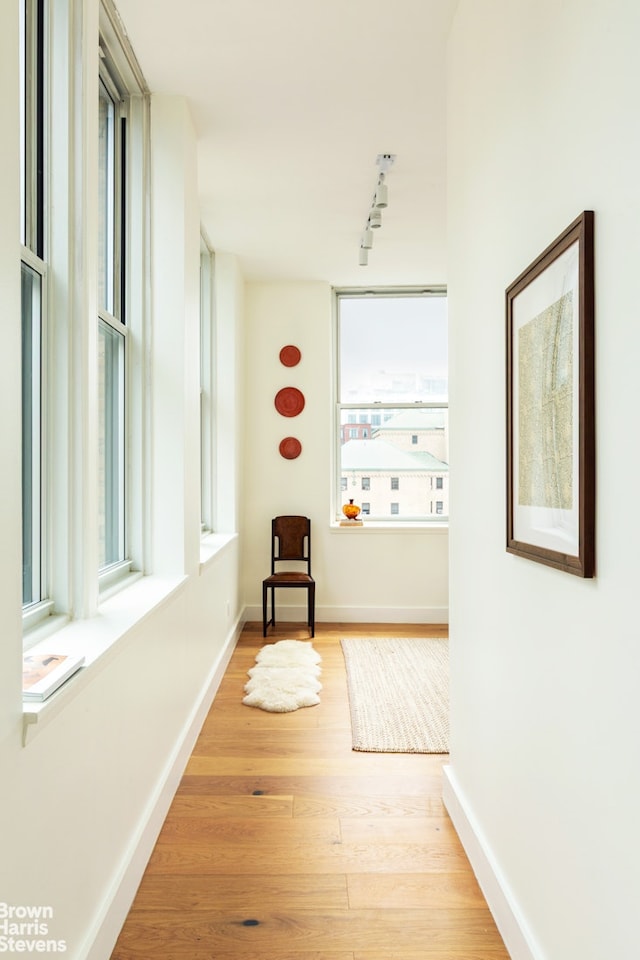 corridor featuring rail lighting, wood finished floors, and baseboards