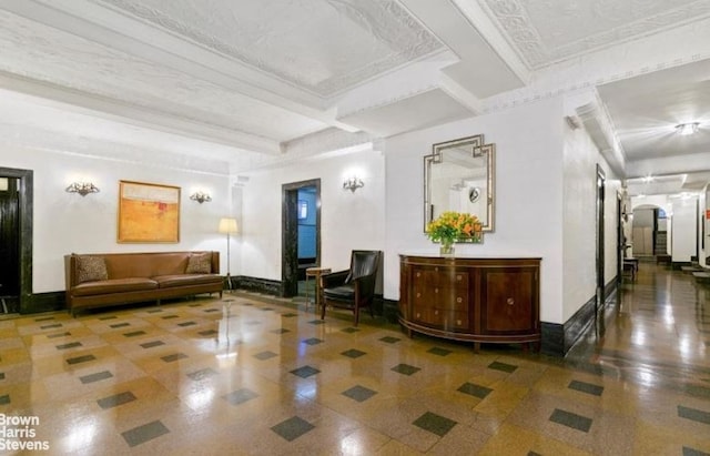 235 W End Ave Unit 3C, New York City, NY 10023 - common area featuring beam ceiling, ornamental molding, and coffered ceiling
