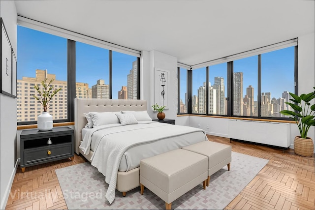 bedroom with a view of skyline and baseboards