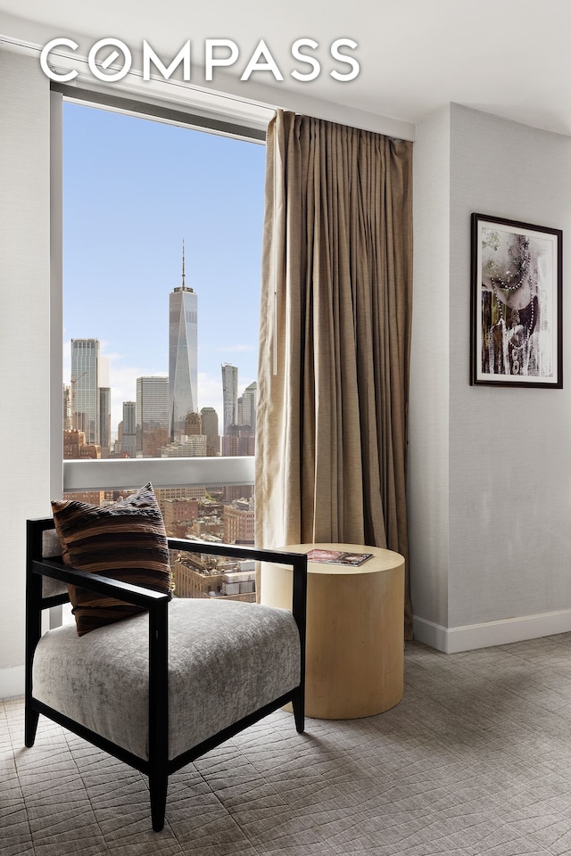 sitting room featuring baseboards, carpet, and a skyline view