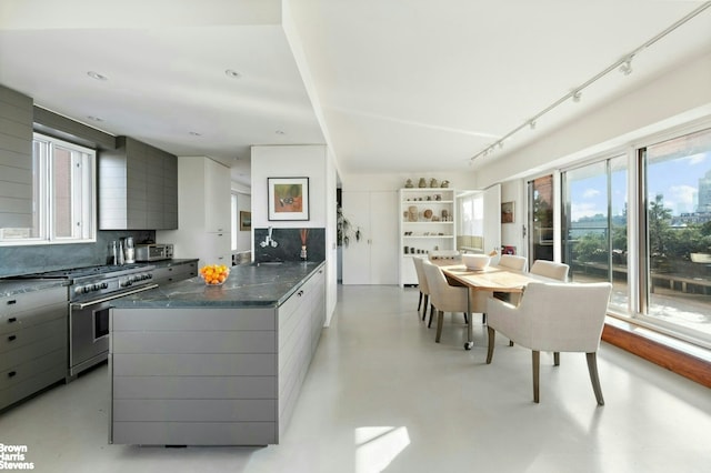 101 W 79th St Unit 14E, New York City, NY 10024 - kitchen with high end stainless steel range oven, modern cabinets, healthy amount of natural light, and gray cabinetry
