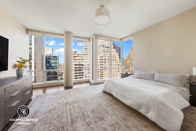 151 E 85th St Unit 17J, New York City, NY 10028 - bedroom featuring a city view, wood finished floors, and expansive windows