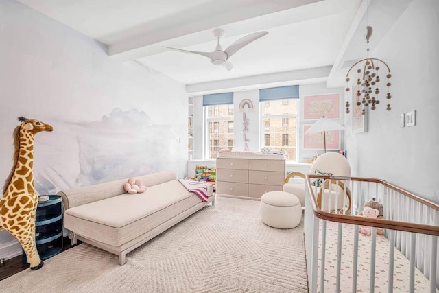 carpeted bedroom with ceiling fan