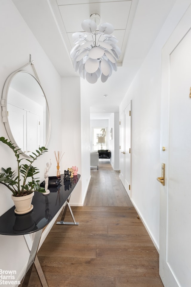 345 W 14th St Unit 8D, New York City, NY 10014 - corridor with a chandelier, wood-type flooring, and baseboards