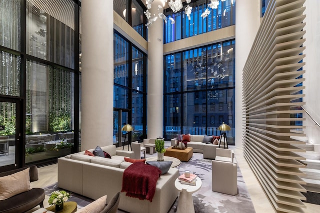 community lobby with a towering ceiling
