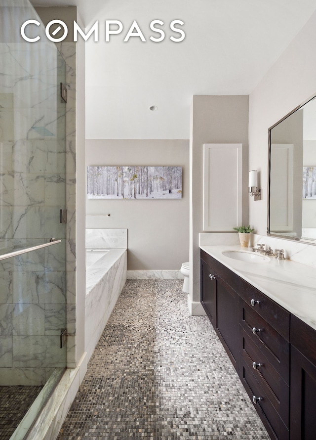 130 W 30th St Unit 3B, New York City, NY 10001 - bathroom featuring a marble finish shower, vanity, and a bath
