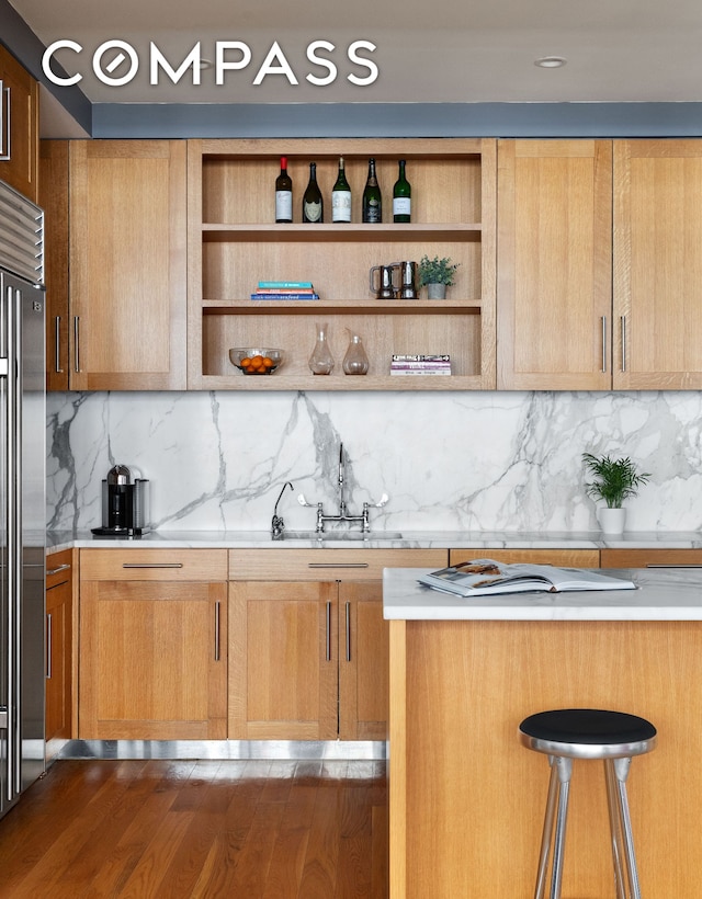 130 W 30th St Unit 3B, New York City, NY 10001 - kitchen featuring stainless steel built in fridge, light countertops, backsplash, and open shelves