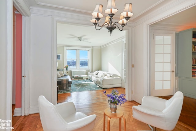 360 Riverside Dr Unit 8A, New York City, NY 10025 - sitting room with crown molding, a chandelier, and ceiling fan
