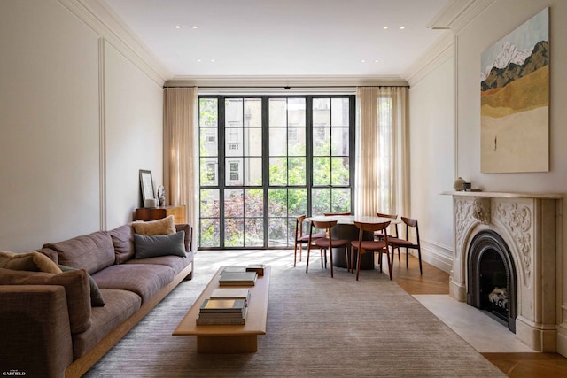 354 W 20th St, New York City, NY 10011 - living area with crown molding and a high end fireplace