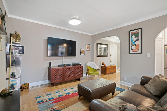 35-06 88th St Unit 5-D, New York City, NY 11414 - living area featuring arched walkways, baseboards, and crown molding