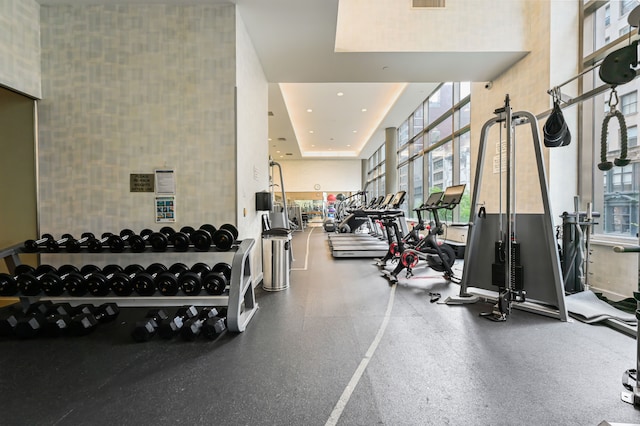 exercise room featuring plenty of natural light and recessed lighting