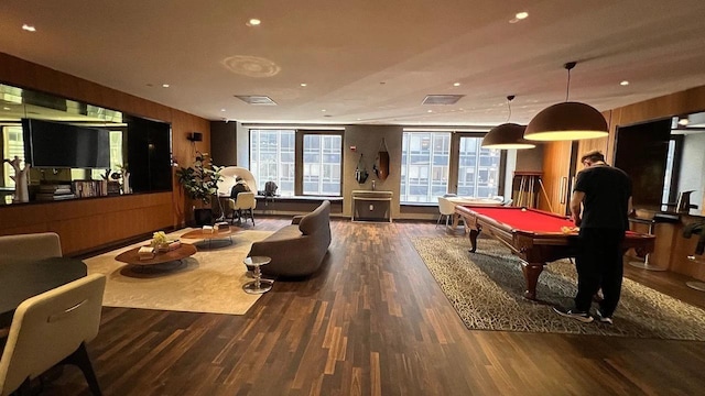 75 Wall St Unit 18Fg, New York City, NY 10005 - game room featuring wood finished floors, pool table, healthy amount of natural light, and recessed lighting