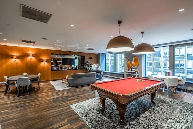 75 Wall St Unit 18Fg, New York City, NY 10005 - game room with wood finished floors, wooden walls, billiards, and recessed lighting