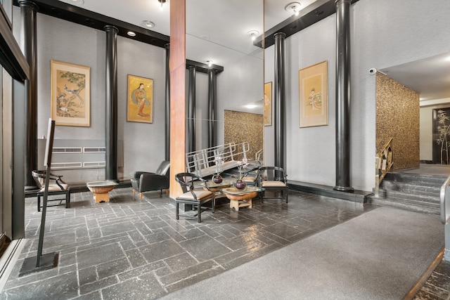 lobby with a towering ceiling