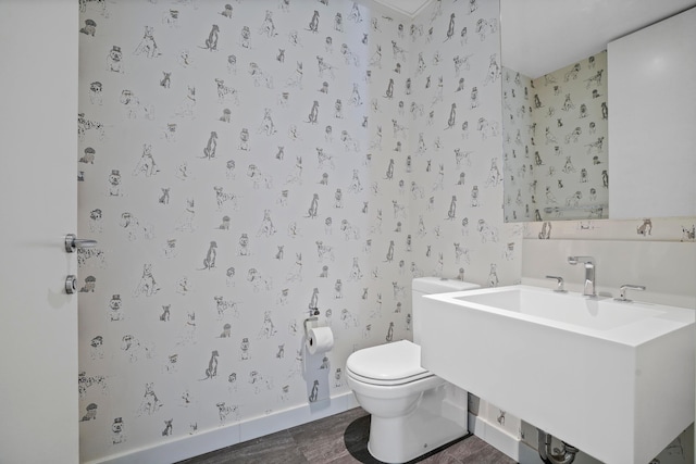 bathroom with toilet, wood finished floors, and a sink