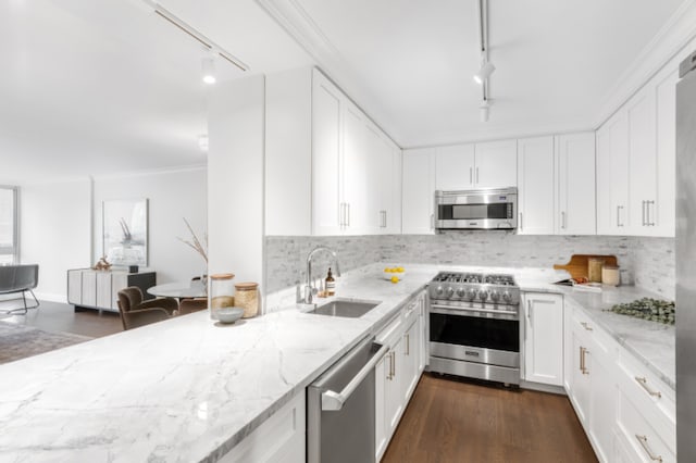625 Main St Unit 834, New York City, NY 10044 - kitchen featuring appliances with stainless steel finishes, rail lighting, a sink, light stone countertops, and crown molding