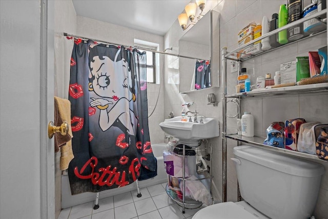 bathroom with toilet, shower / bath combo with shower curtain, and tile patterned floors