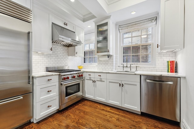 1035 Park Ave Unit 6B, New York City, NY 10028 - kitchen featuring high end appliances, exhaust hood, a sink, white cabinets, and decorative backsplash